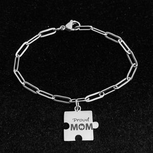 “Proud Mom” Autism Awareness puzzle paper clip chain bracelet